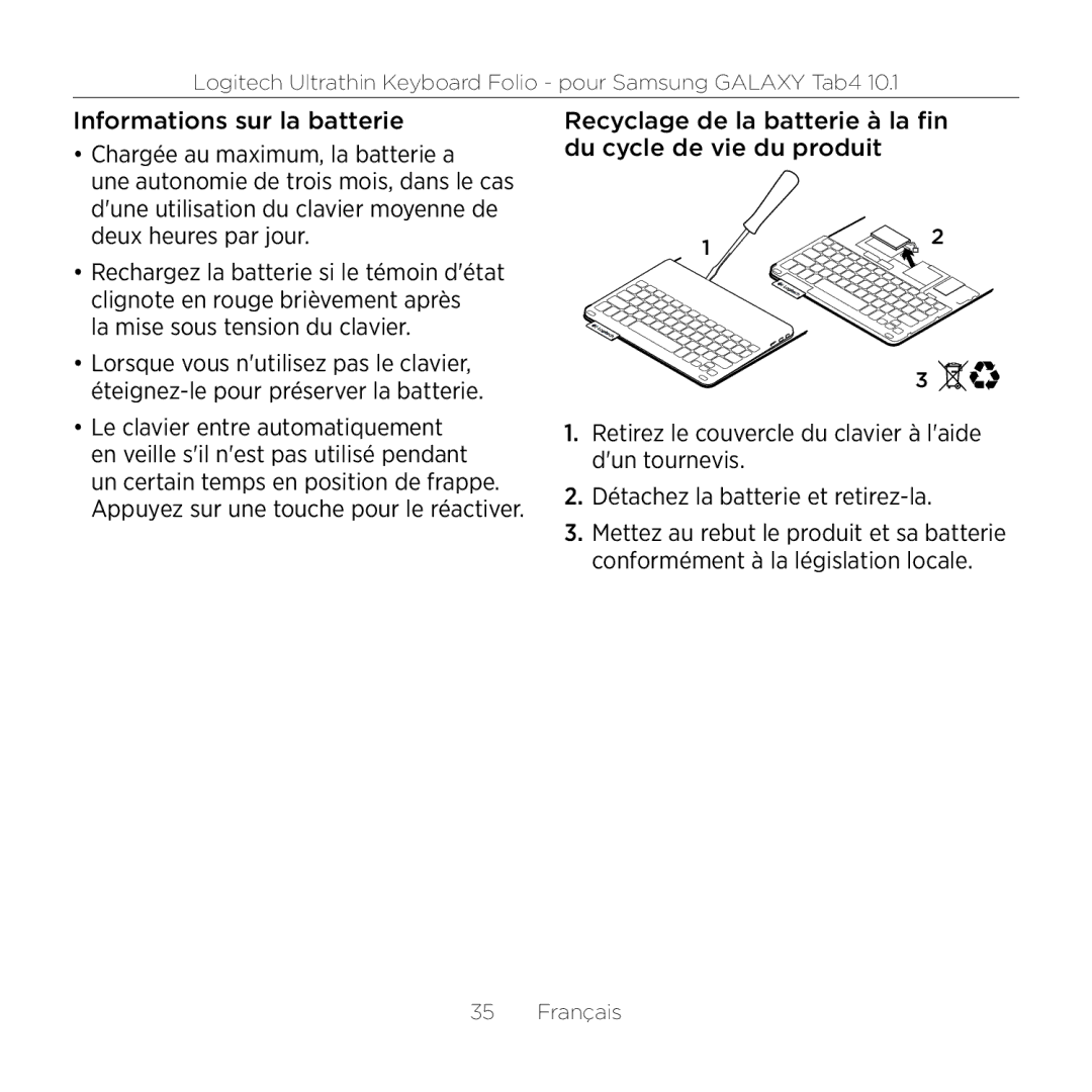 Logitech Tab4 10.1 setup guide La mise sous tension du clavier 