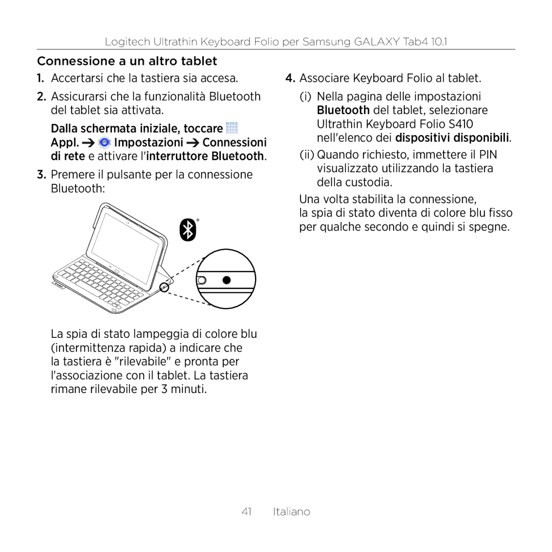 Logitech Tab4 10.1 setup guide Logitech Ultrathin Keyboard Folio per Samsung Galaxy Tab4 