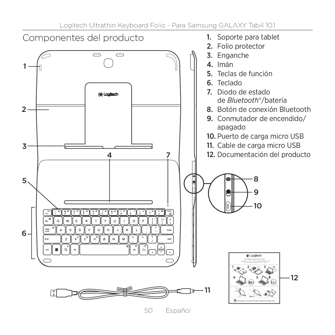 Logitech Tab4 10.1 setup guide Componentes del producto 