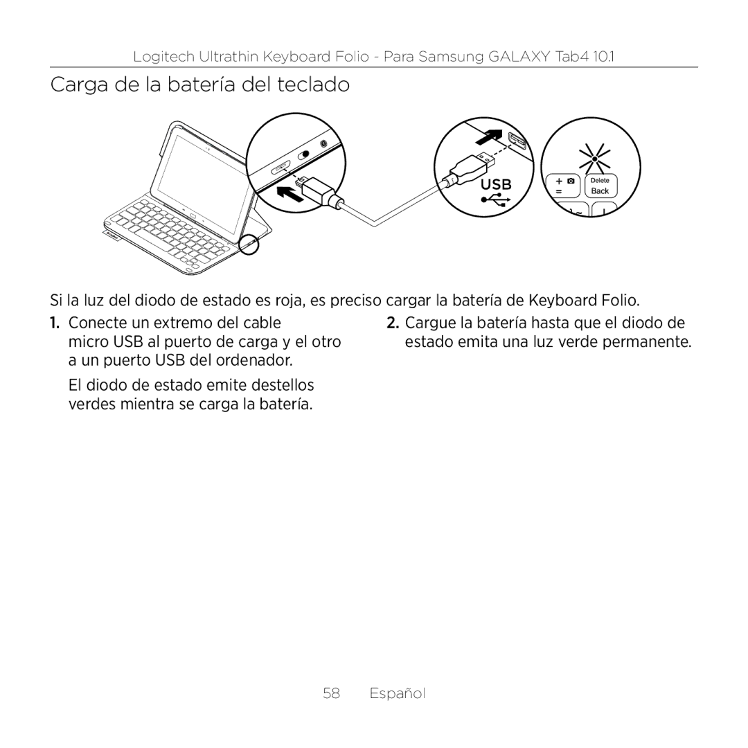 Logitech Tab4 10.1 setup guide Carga de la batería del teclado 