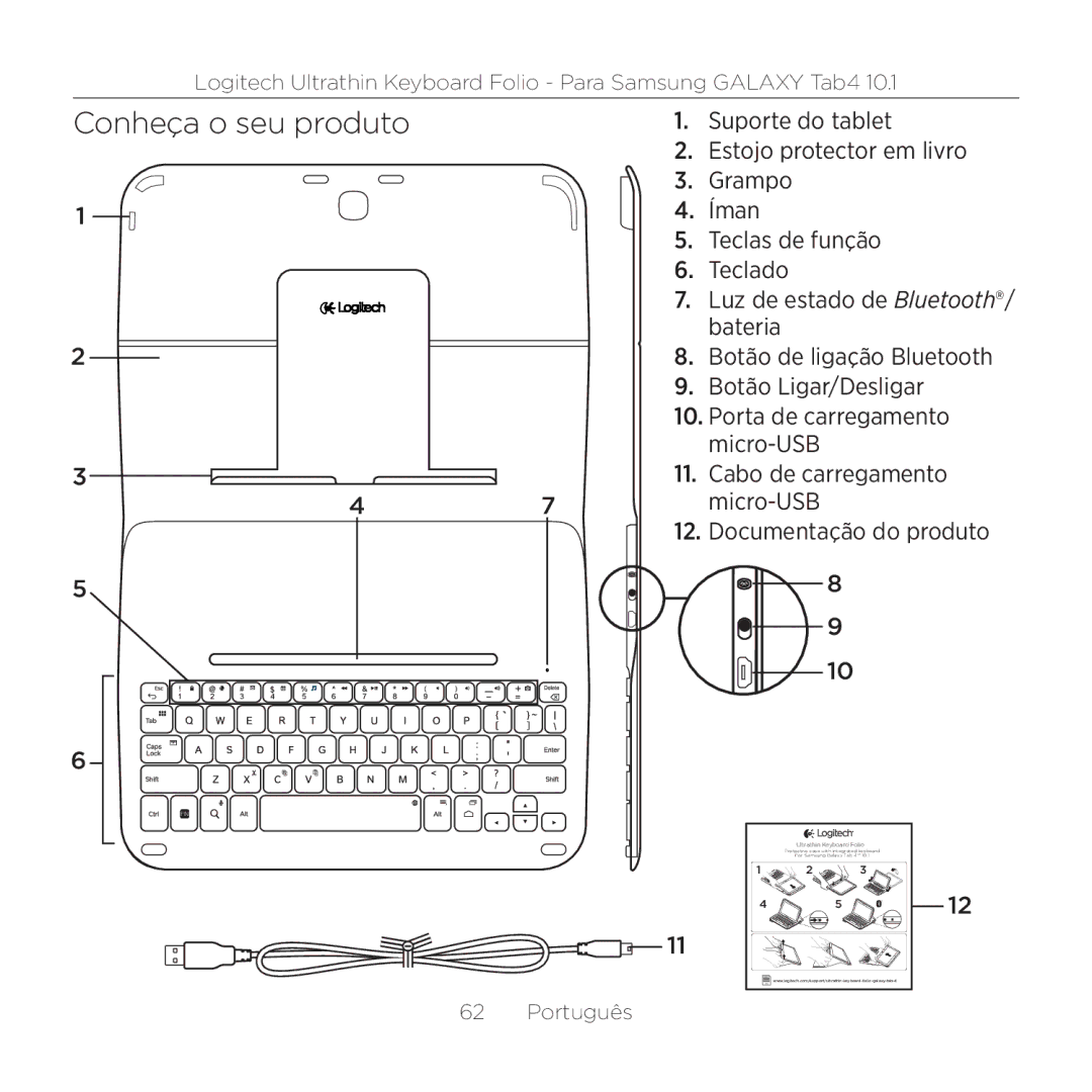 Logitech Tab4 10.1 setup guide Conheça o seu produto 