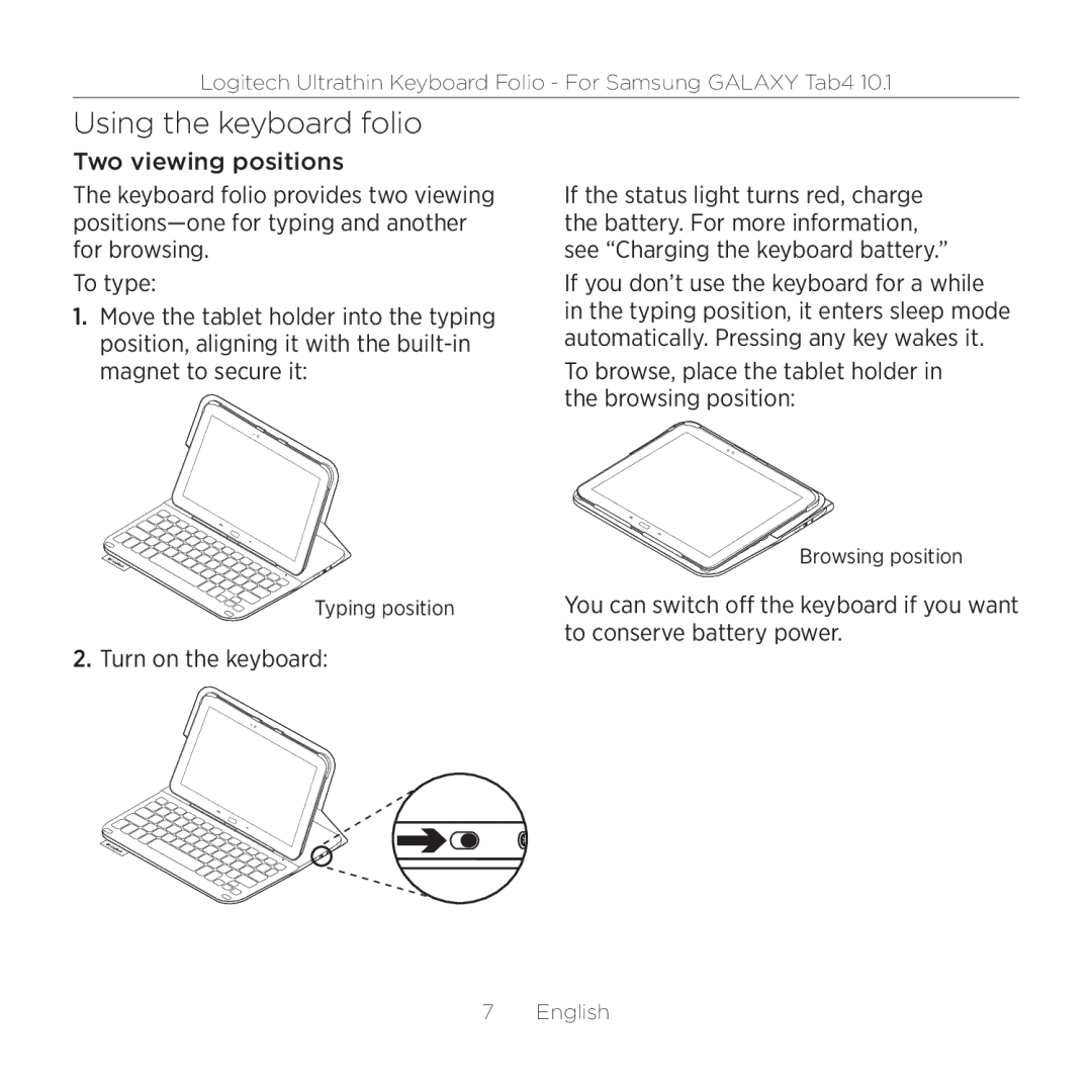 Logitech Tab4 10.1 setup guide Using the keyboard folio, To browse, place the tablet holder in the browsing position 