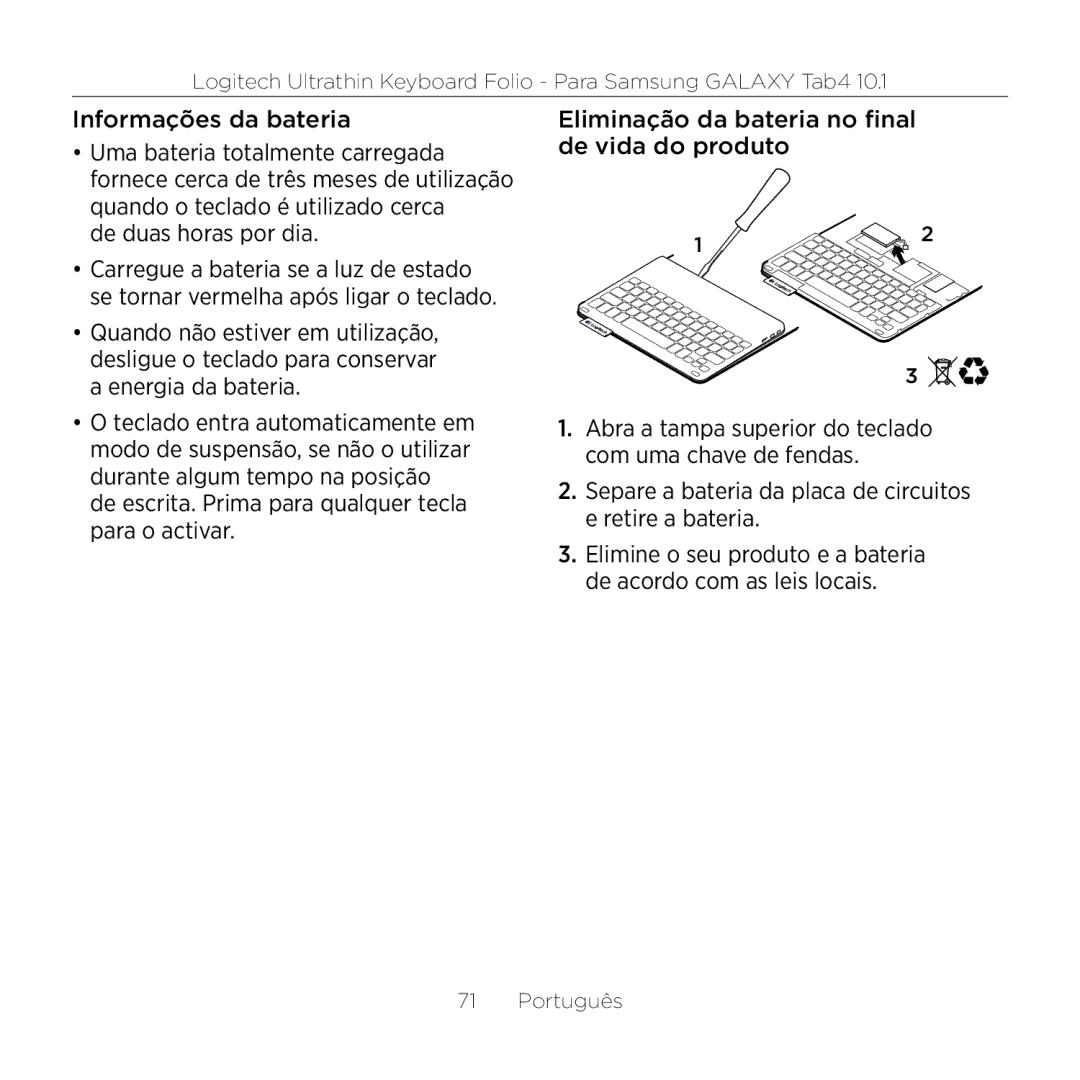 Logitech Tab4 10.1 setup guide Informações da bateria, De duas horas por dia 