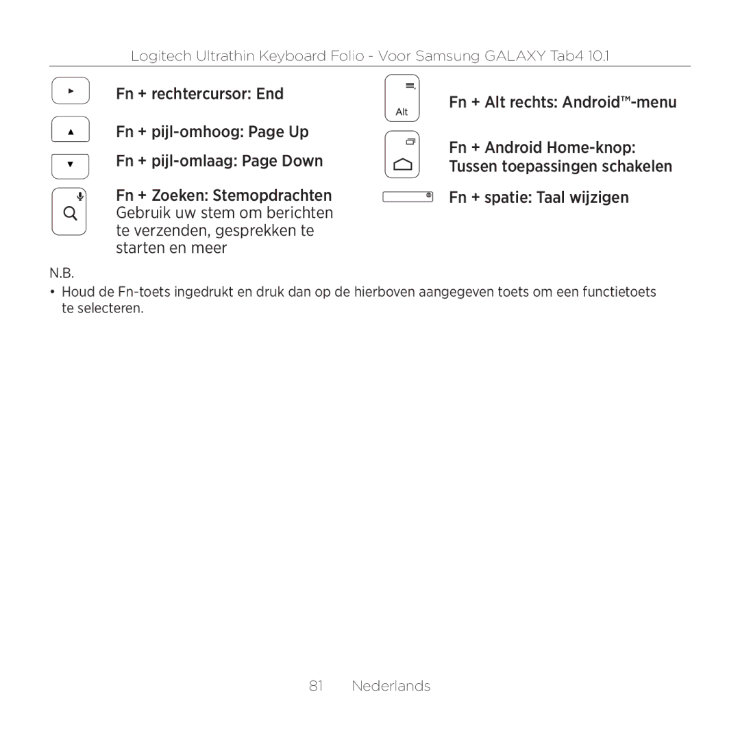 Logitech Tab4 10.1 setup guide Fn + Alt rechts Android-menu, Fn + spatie Taal wijzigen 