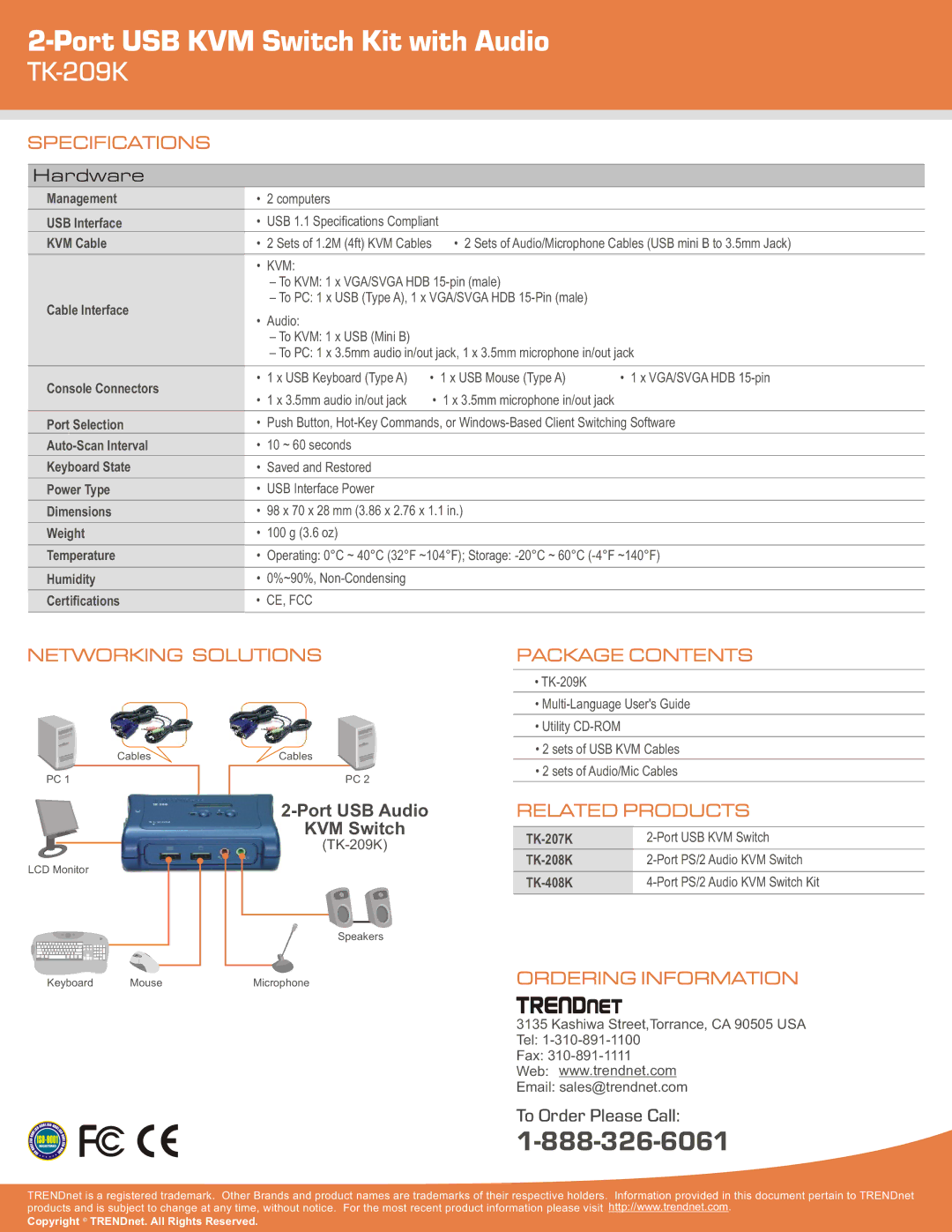 Logitech TK-209K warranty Specifications, Networking Solutions, Package Contents, Related Products, Ordering Information 