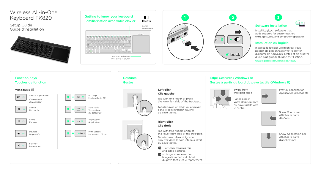 Logitech TK820 setup guide Software Installation, Installation du logiciel, Windows, Left-click Clic gauche 