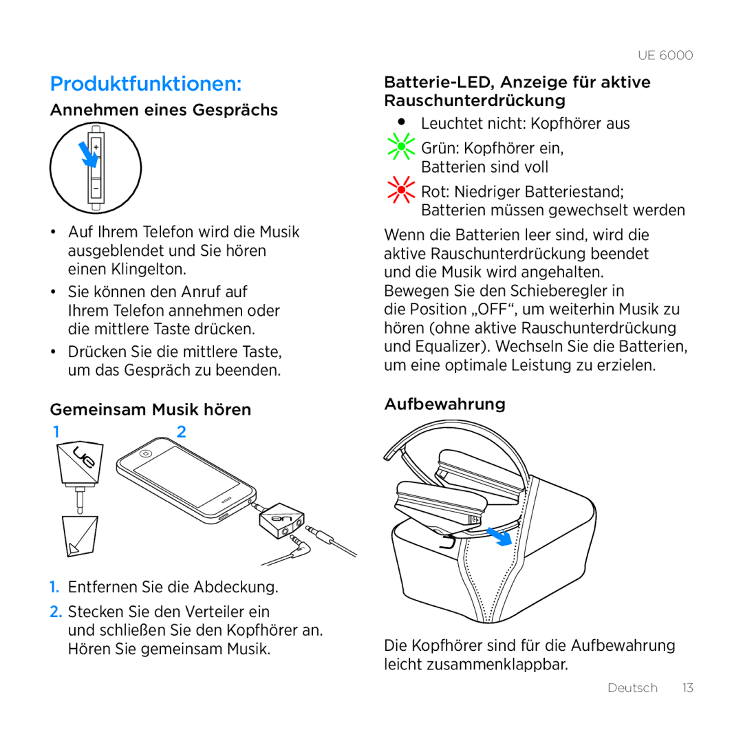 Logitech UE 6000 setup guide Produktfunktionen, Bewegen Sie den Schieberegler, Aufbewahrung 