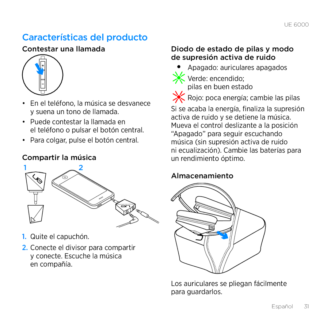 Logitech UE 6000 setup guide Características del producto, Contestar una llamada, Rojo poca energía cambie las pilas 