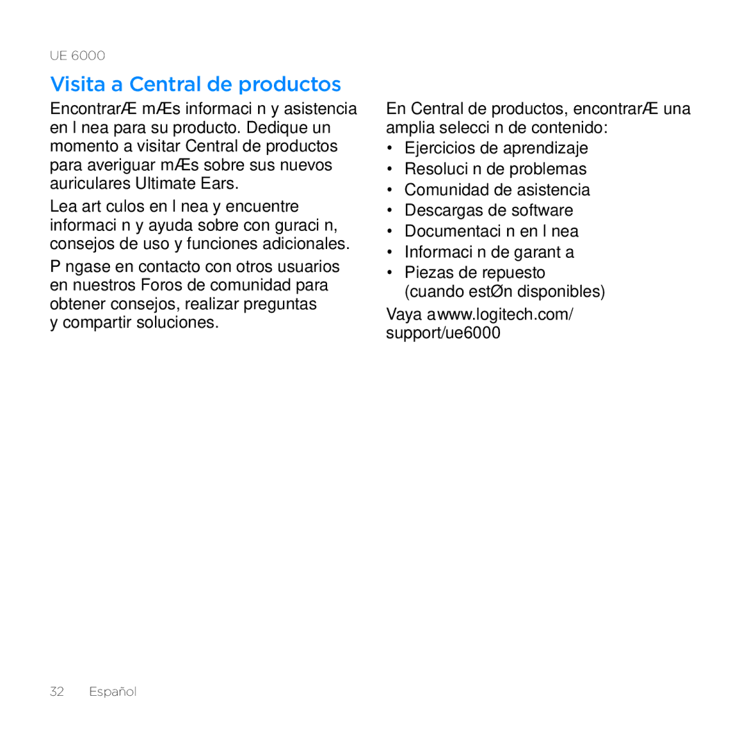 Logitech UE 6000 setup guide Visita a Central de productos 