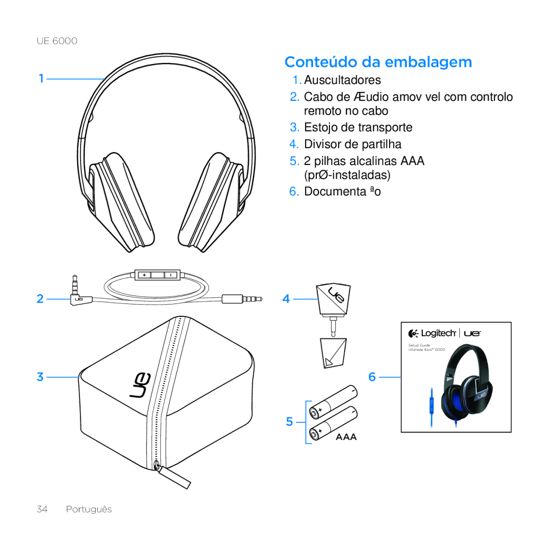 Logitech UE 6000 setup guide Conteúdo da embalagem 