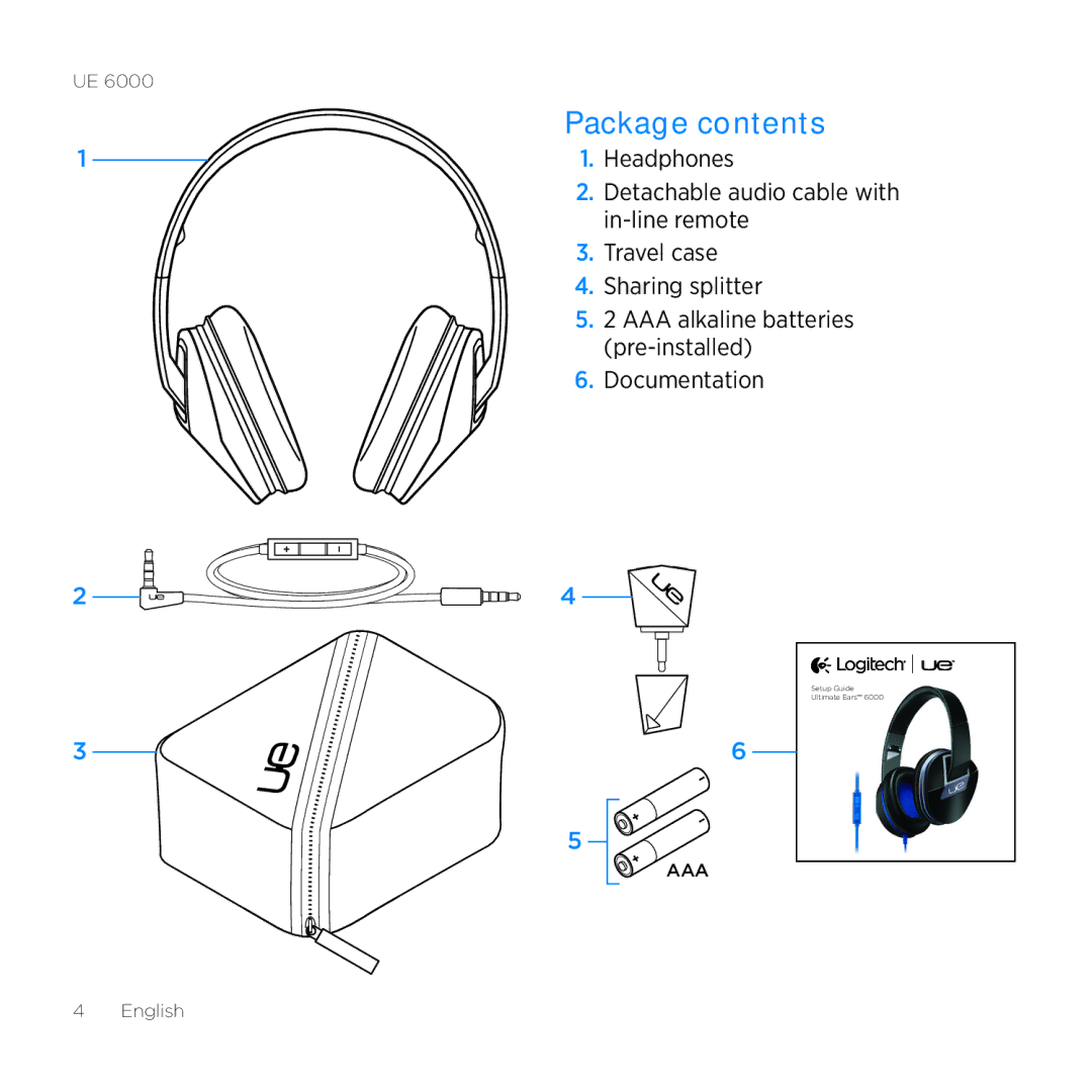 Logitech UE 6000 setup guide Package contents 