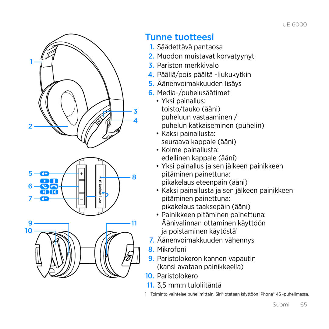 Logitech UE 6000 setup guide Tunne tuotteesi, Puhelun katkaiseminen puhelin, Paristolokero 11 ,5 mmn tuloliitäntä 