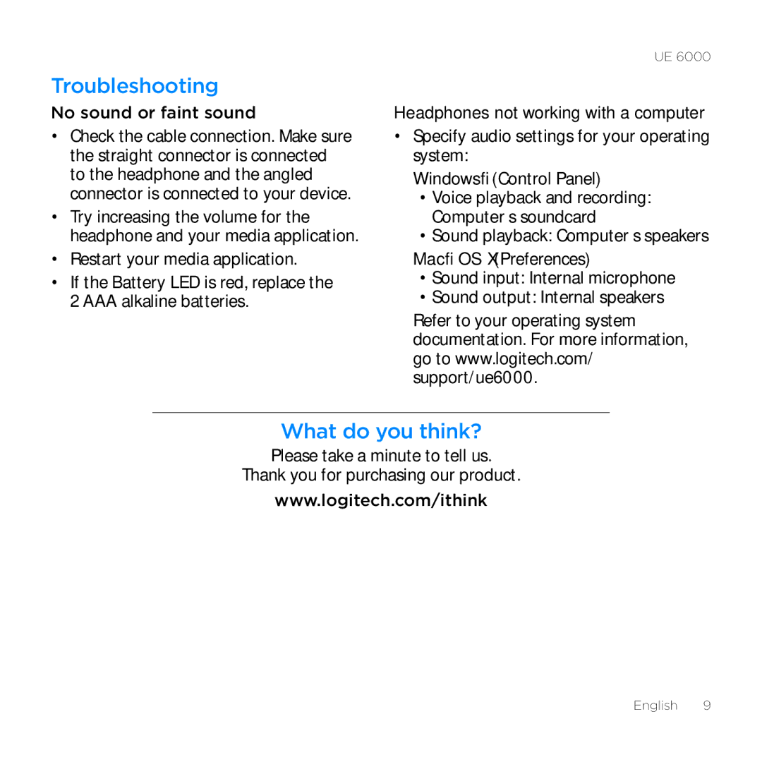 Logitech UE 6000 setup guide Troubleshooting, What do you think?, No sound or faint sound  