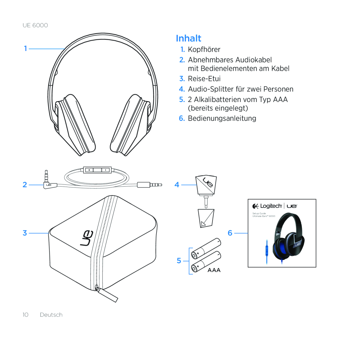 Logitech UE 6000 setup guide Inhalt, Kopfhörer 2.Abnehmbares Audiokabel, mit Bedienelementen am Kabel 3.Reise-Etui 