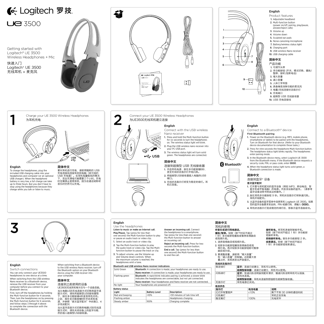 Logitech manual 产品功能, 为耳机充电, 为UE3500无线耳机建立连接, 连接到超微型 Usb 无线接收器, 简体中文 连接到蓝牙 设备, 简体中文 耳机的使用, 简体中文 连接到之前使用的设备 