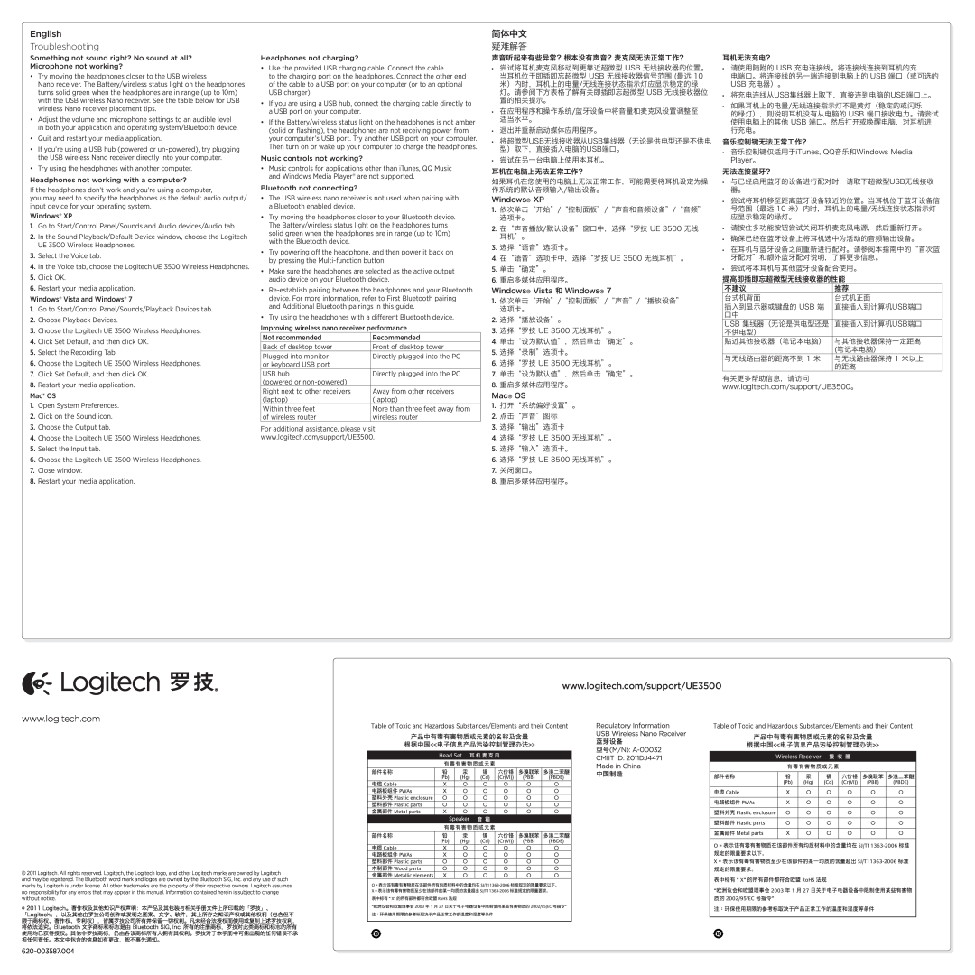 Logitech UE3500 manual English Troubleshooting, 简体中文 疑难解答 