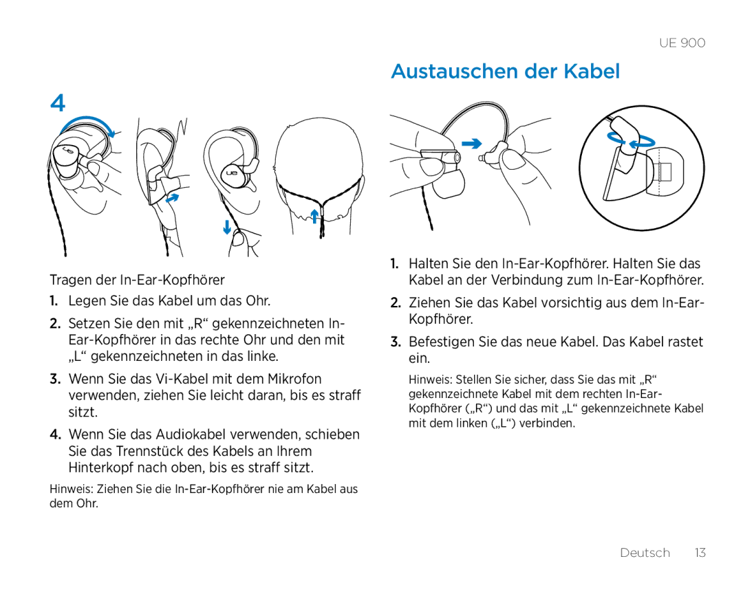 Logitech UE900 manual Austauschen der Kabel 