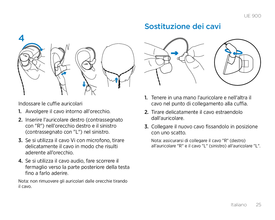 Logitech UE900 manual Sostituzione dei cavi 