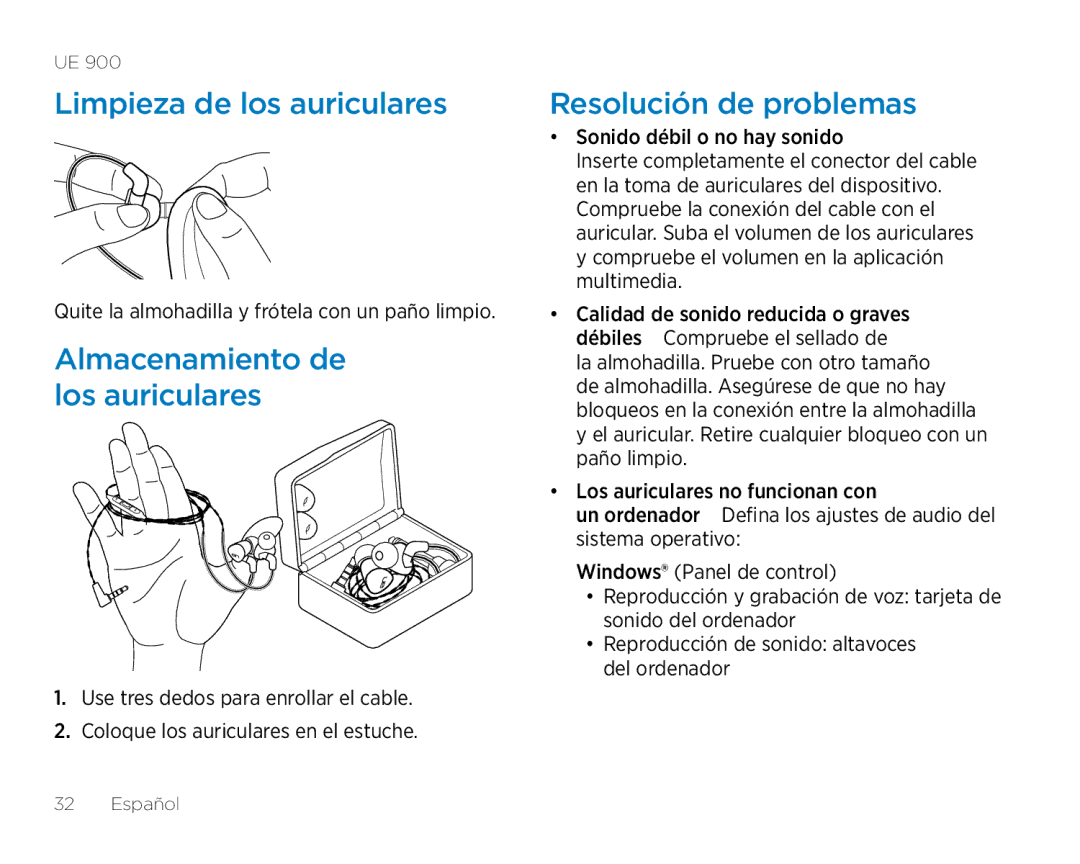 Logitech UE900 manual Limpieza de los auriculares, Almacenamiento de los auriculares, Resolución de problemas 