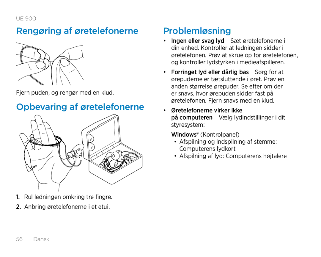 Logitech UE900 manual Rengøring af øretelefonerne, Opbevaring af øretelefonerne, Problemløsning 