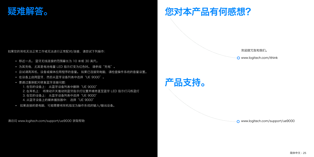 Logitech UE9000 manual 疑难解答。您对本产品有何感想？, 产品支持。 