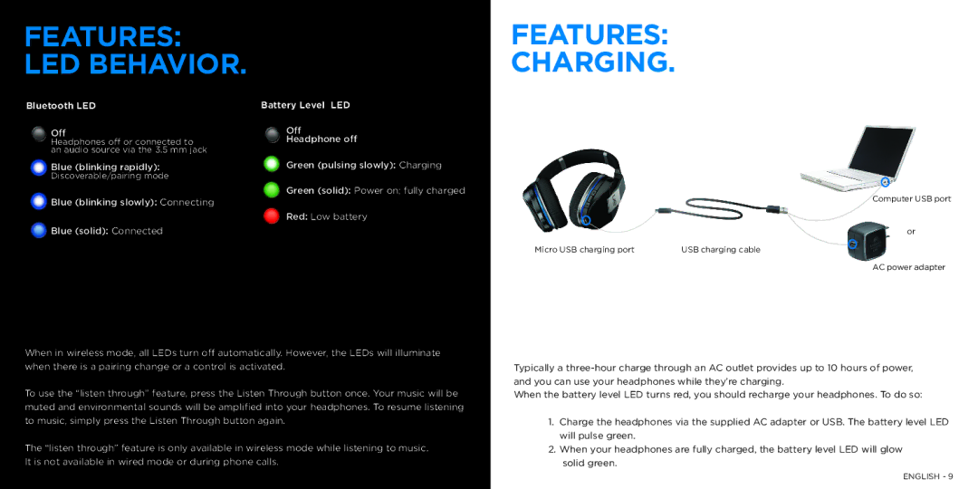 Logitech UE9000 manual Features LED Behavior Charging, Bluetooth LED 