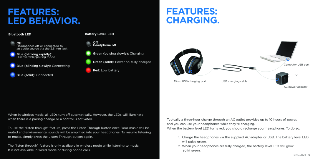 Logitech UE9000 manual Features, Led Behavior, Charging, Bluetooth LED, Battery Level LED 