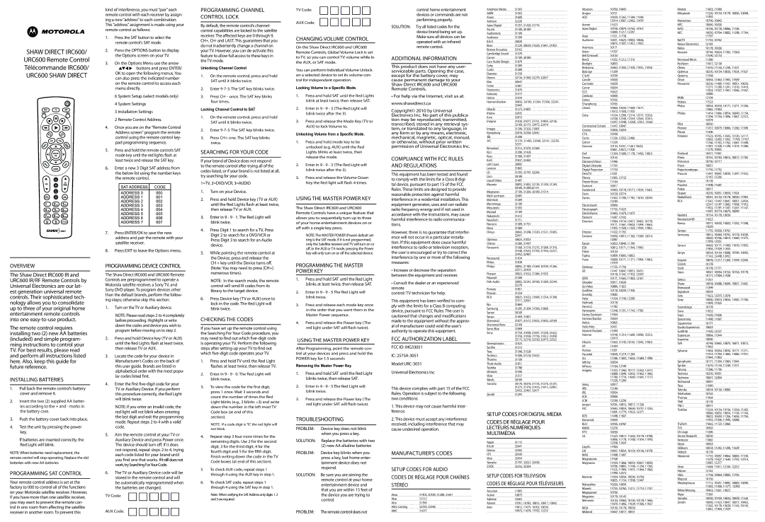 Logitech IRC600, URC600 user service Overview, Installing Batteries, Programming SAT Control, Programming Device Control 