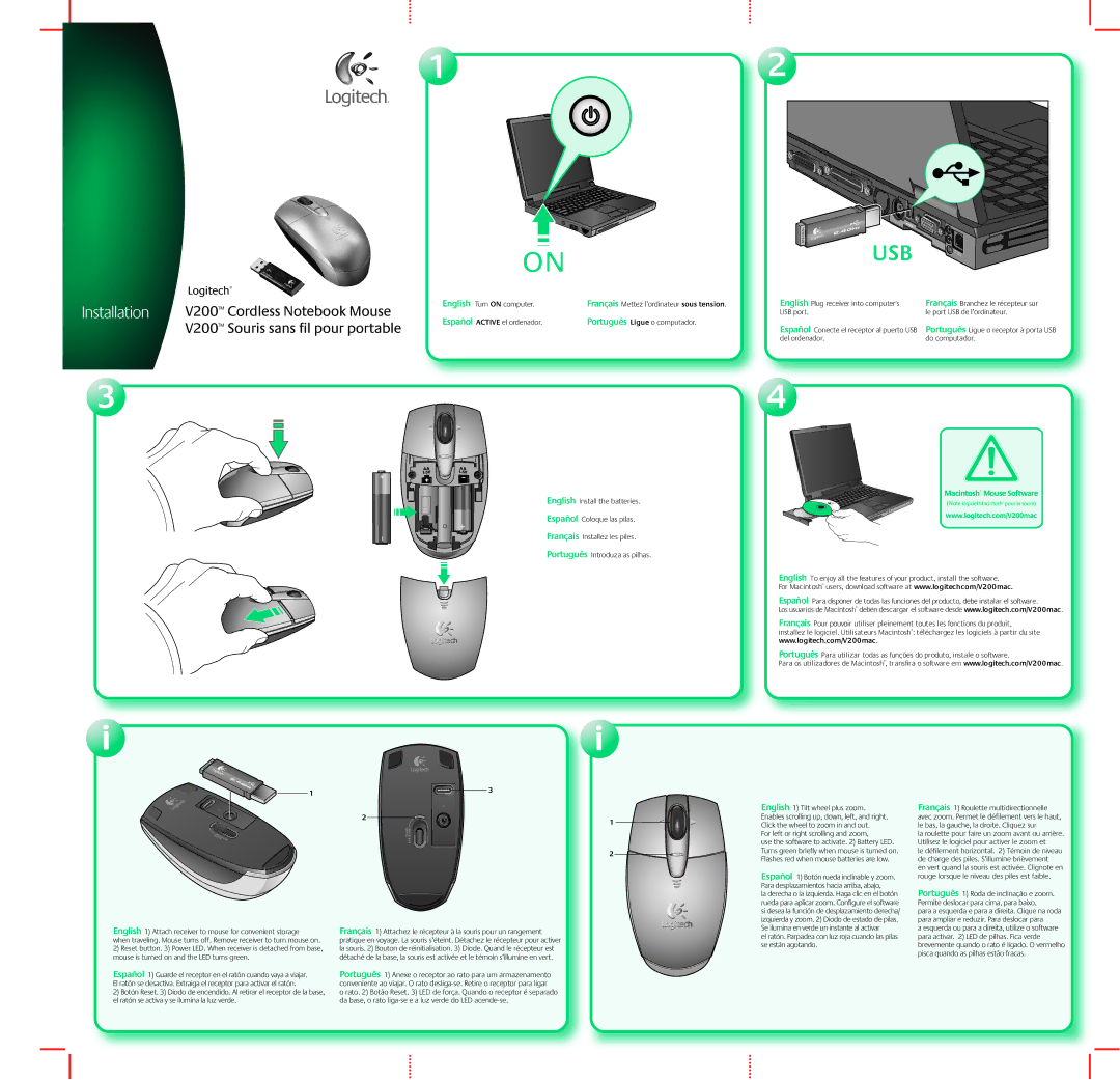 Logitech manual Usb, Installation, V200 Cordless Notebook Mouse, V200 Souris sans fil pour portable 