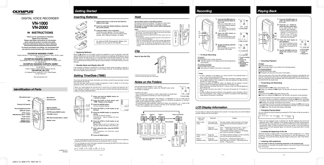 Logitech VN-2000, VN-1000 manual Inserting Batteries, Hold, Clip, Identification of Parts, Setting Time/Date Time 