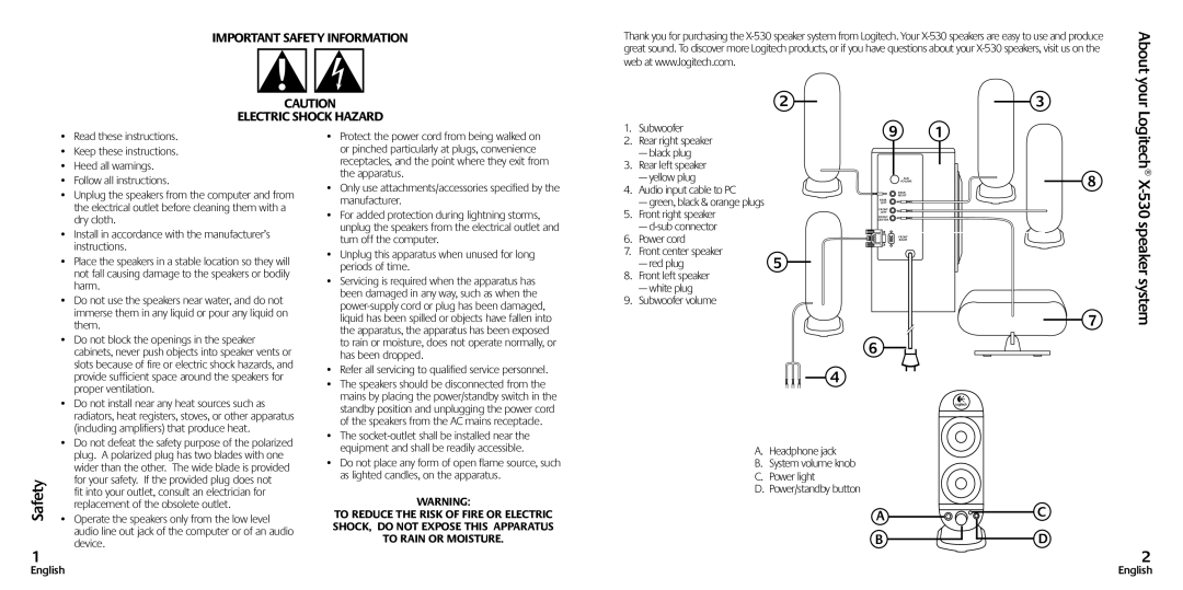 Logitech X-530 manual Safety, About your, English 