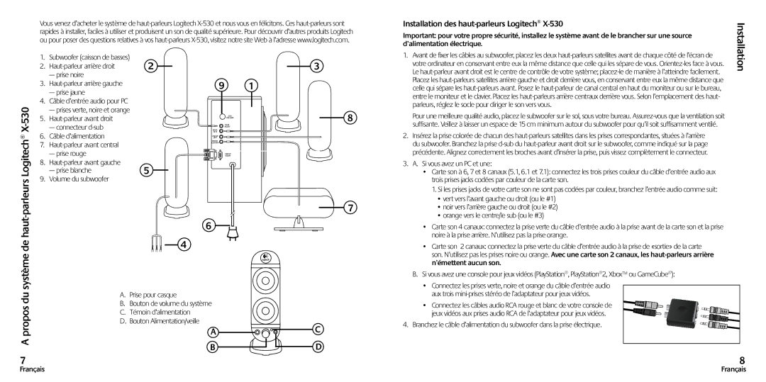 Logitech X-530 manual Haut-parleurs, Propos, Installation des haut-parleurs Logitech 