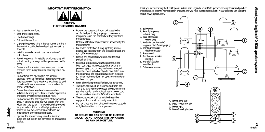 Logitech X-530 manual Safety 