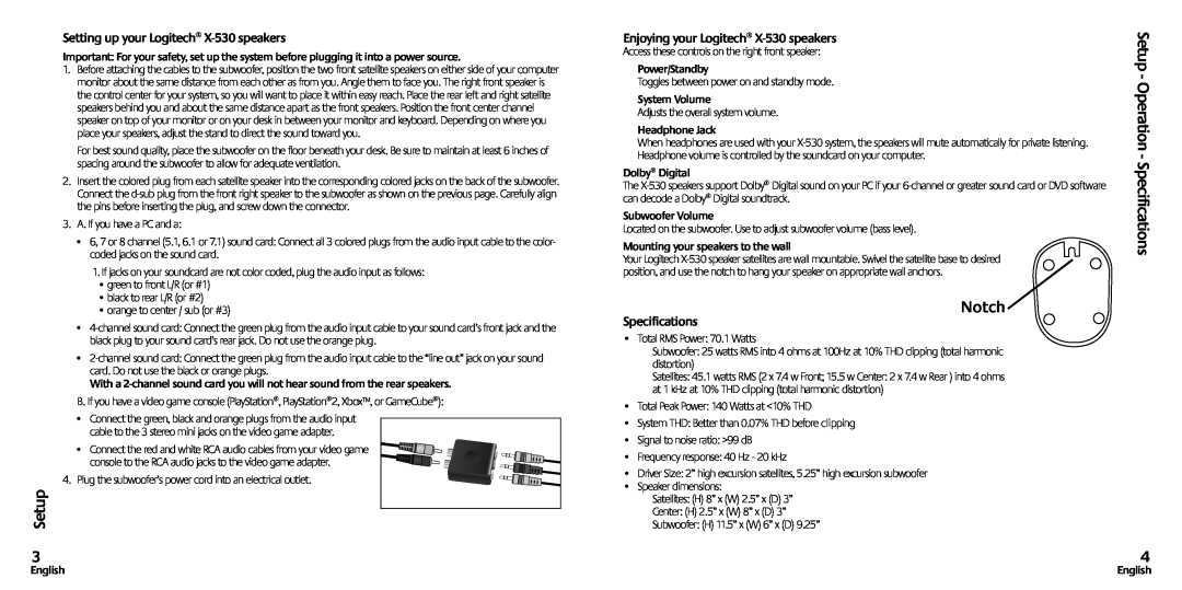 Logitech Notch, Setup - Operation - Specifications, Setting up your Logitech X-530speakers, Power/Standby, English 