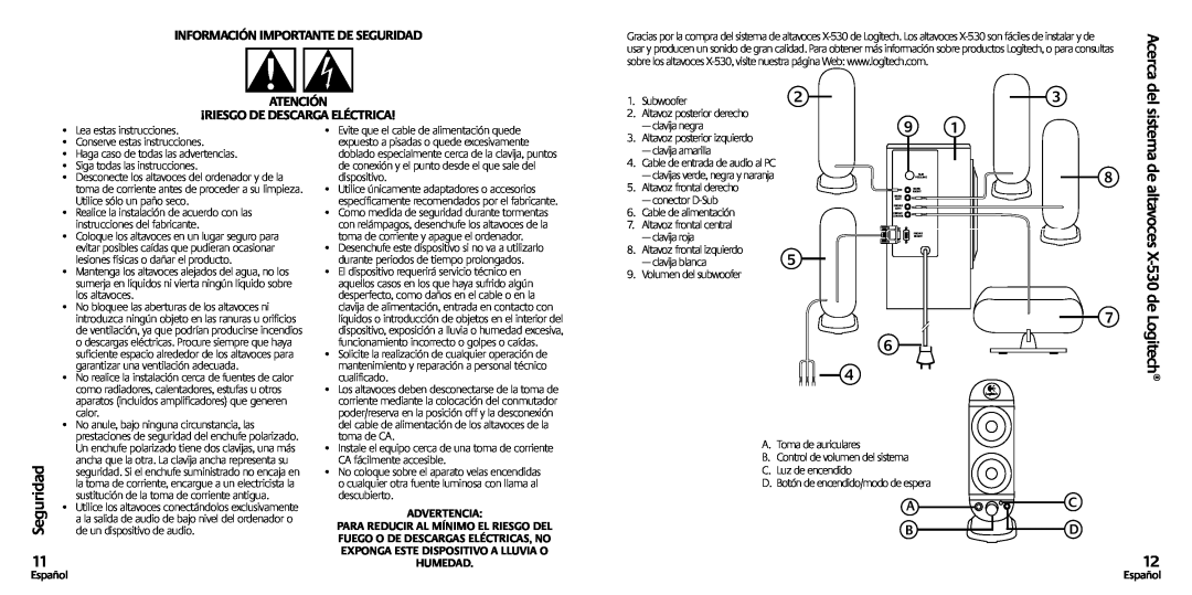 Logitech X-530 manual Información Importante De Seguridad Atención, ¡Riesgo De Descarga Eléctrica, Español 