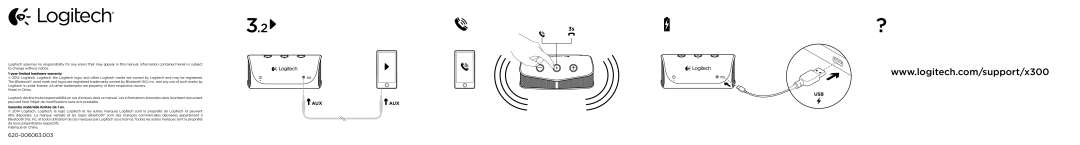 Logitech X300 manual Usb Aux Aux, Year limited hardware warranty, Garantie matérielle limitée de 1 an 