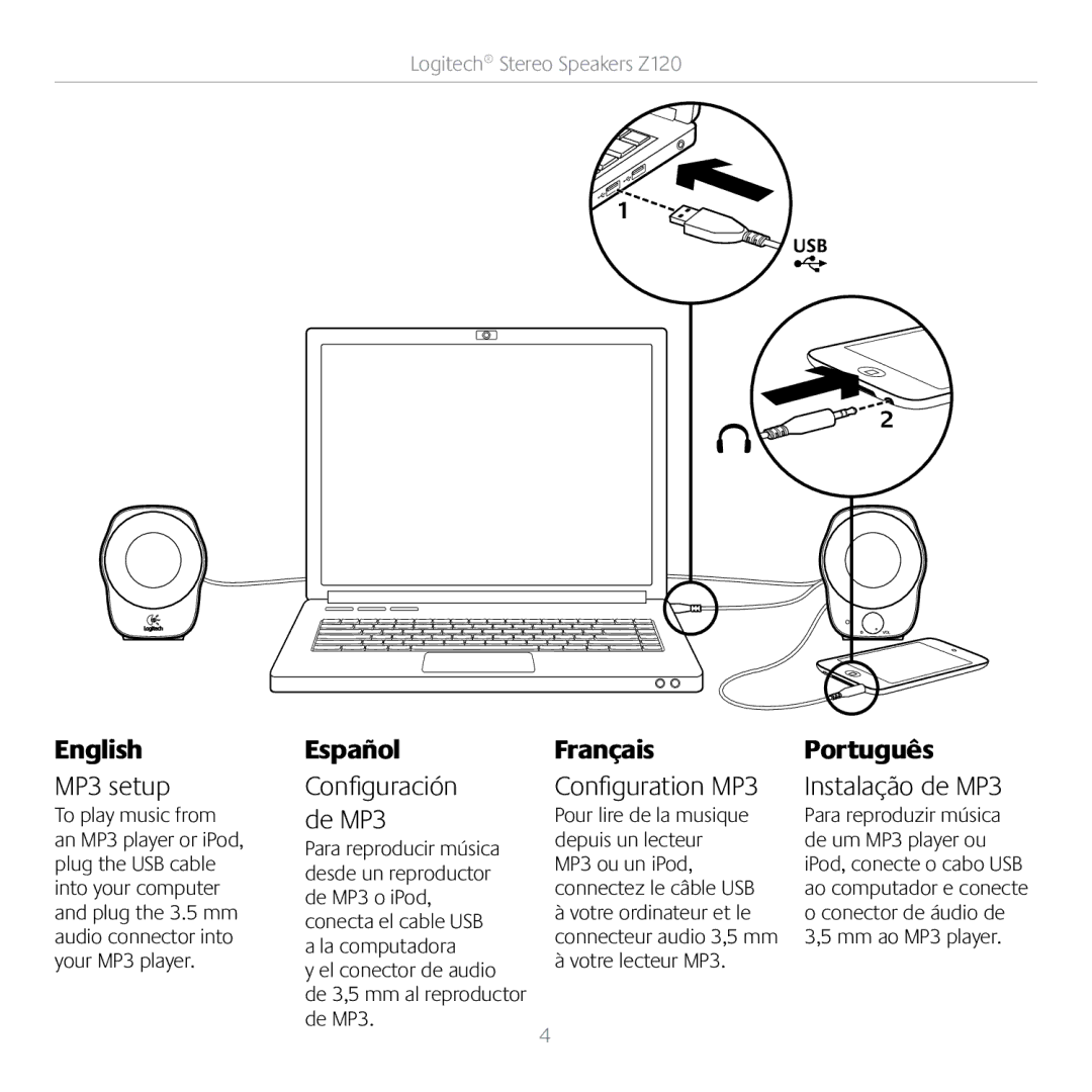 Logitech Z120 manual MP3 setup, Instalação de MP3, El conector de audio de 3,5 mm al reproductor de MP3, Votre lecteur MP3 