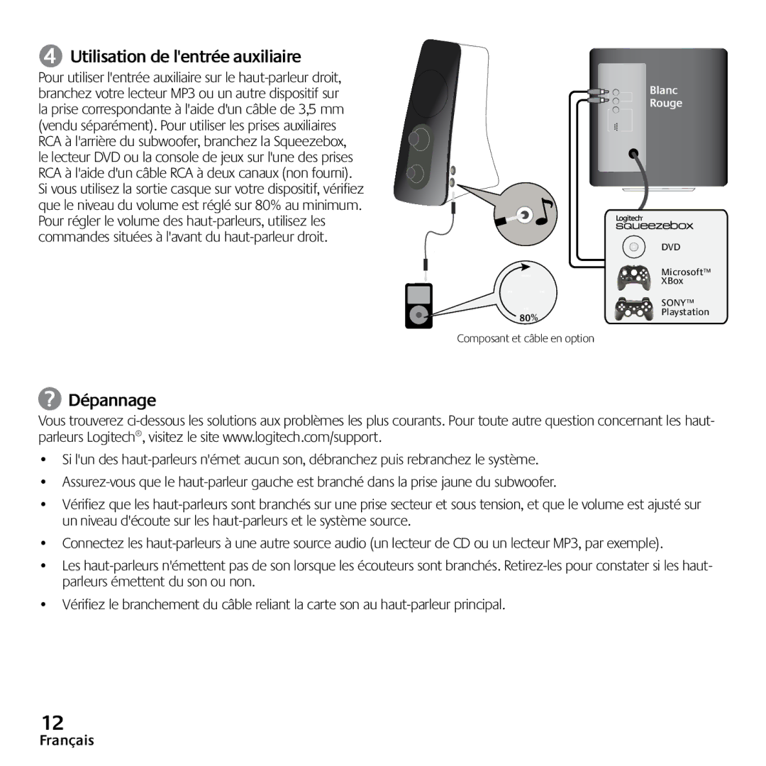 Logitech Z523 quick start ➍ Utilisation de lentrée auxiliaire, Dépannage 