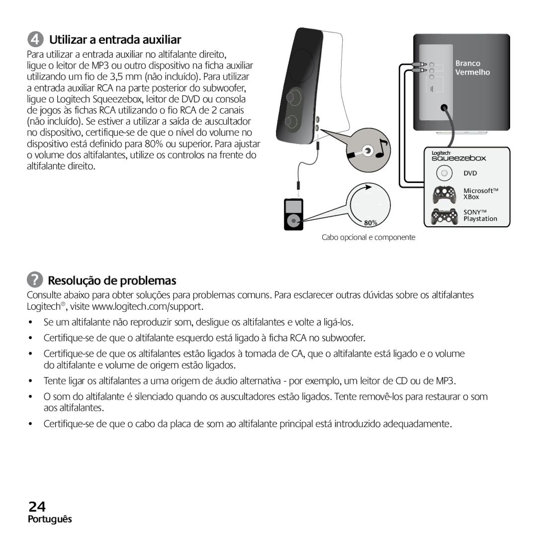 Logitech Z523 quick start ➍ Utilizar a entrada auxiliar, Resolução de problemas 