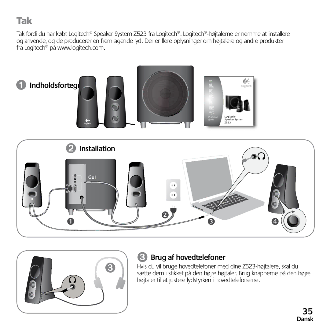 Logitech Z523 quick start Tak, ➊ Indholdsfortegnelse, ➌ Brug af hovedtelefoner 