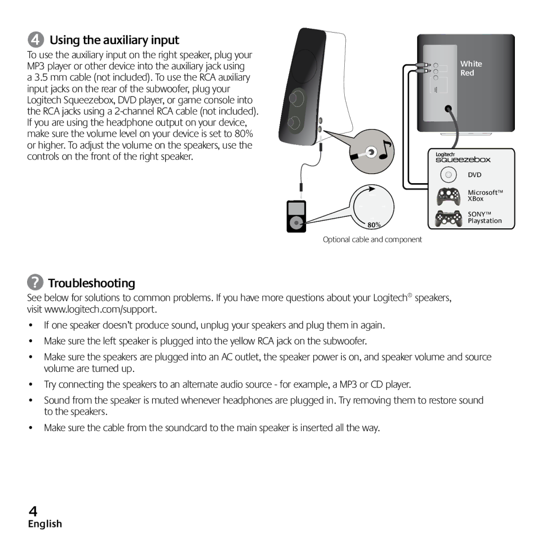 Logitech Z523 quick start ➍ Using the auxiliary input, Troubleshooting 