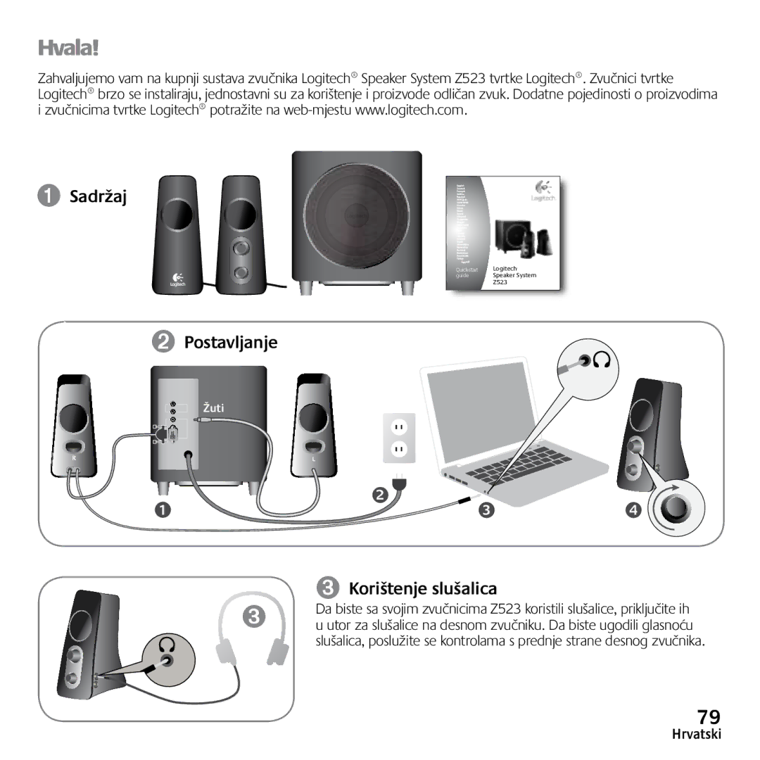 Logitech Z523 quick start Hvala, ➊ Sadržaj ➋ Postavljanje, ➌ Korištenje slušalica 