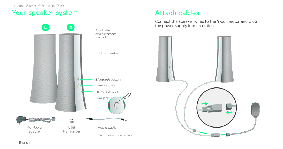 Logitech Z600 setup guide Your speaker system Attach cables 