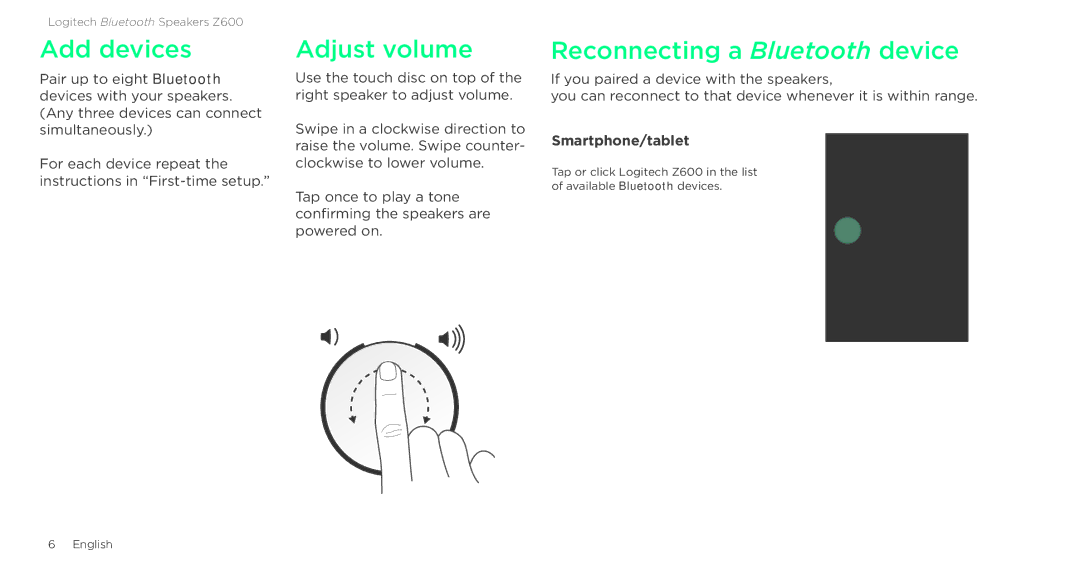 Logitech Z600 setup guide Add devices, Adjust volume, Reconnecting a Bluetooth device 