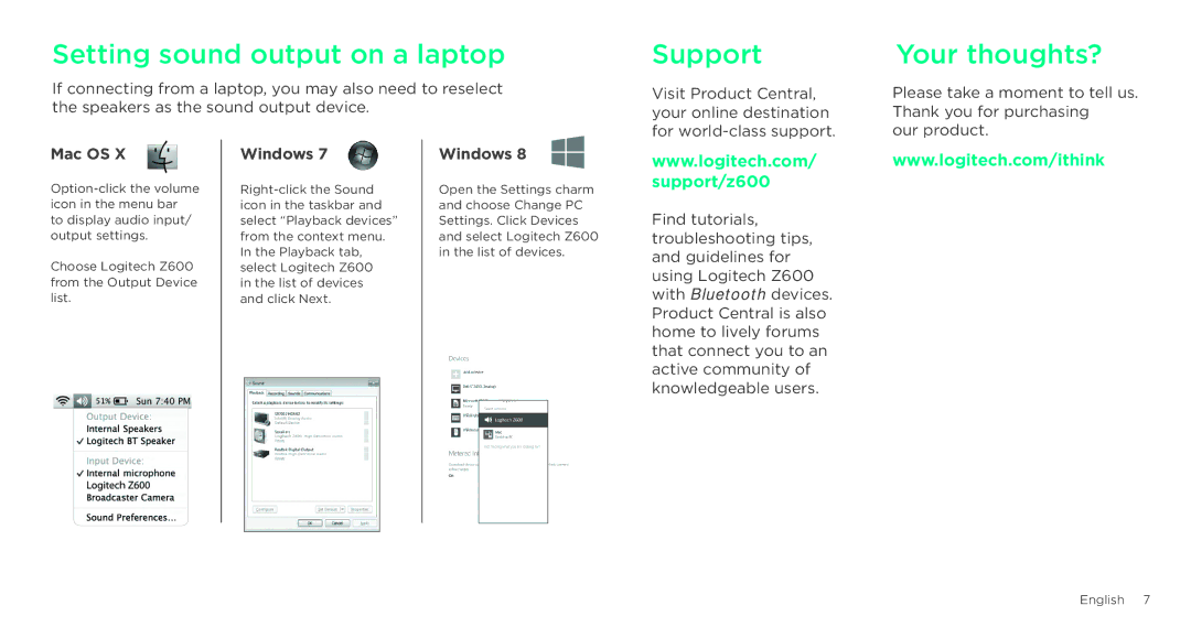 Logitech Z600 setup guide Setting sound output on a laptop, Support Your thoughts? 