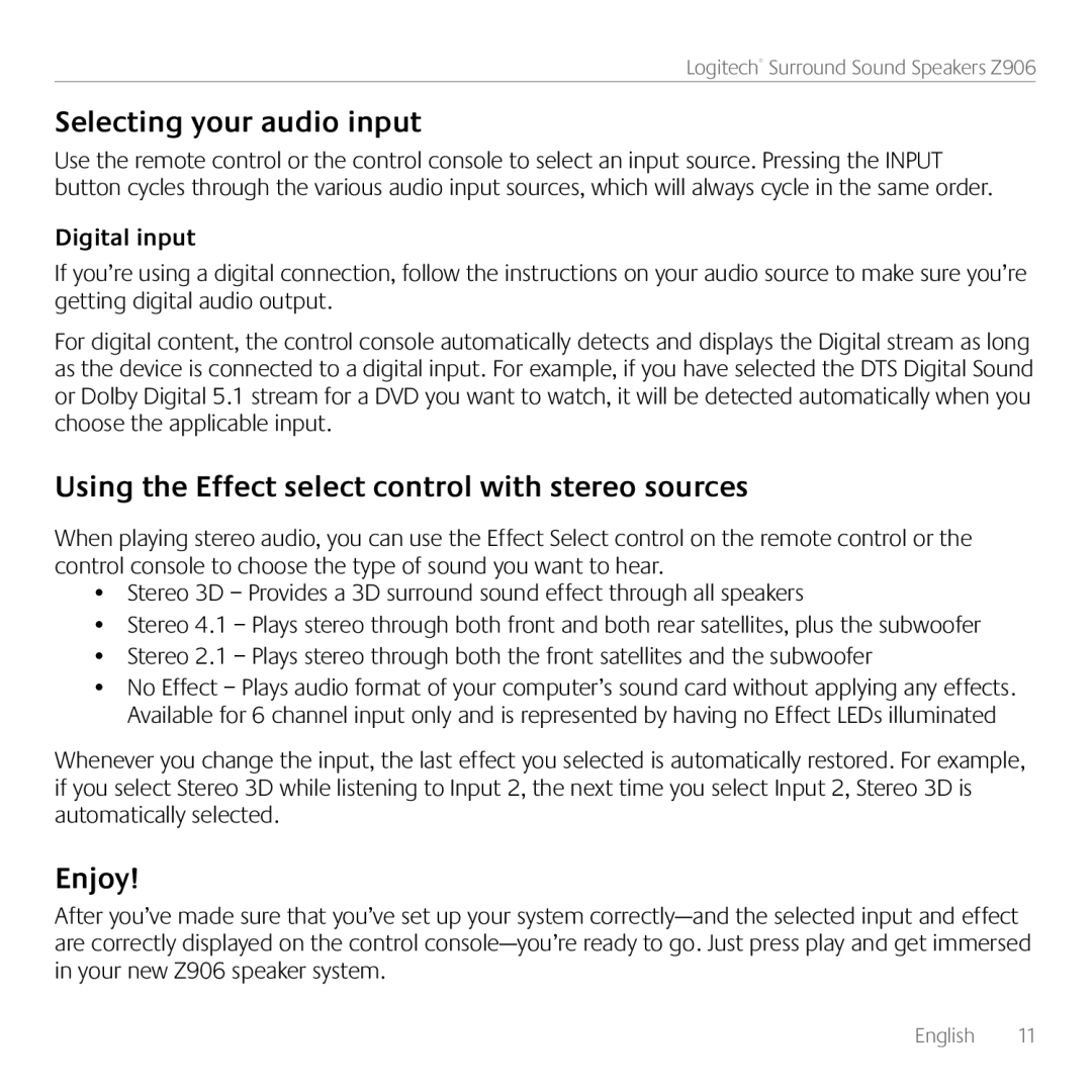 Logitech 980000467 Selecting your audio input, Using the Effect select control with stereo sources, Enjoy, Digital input 