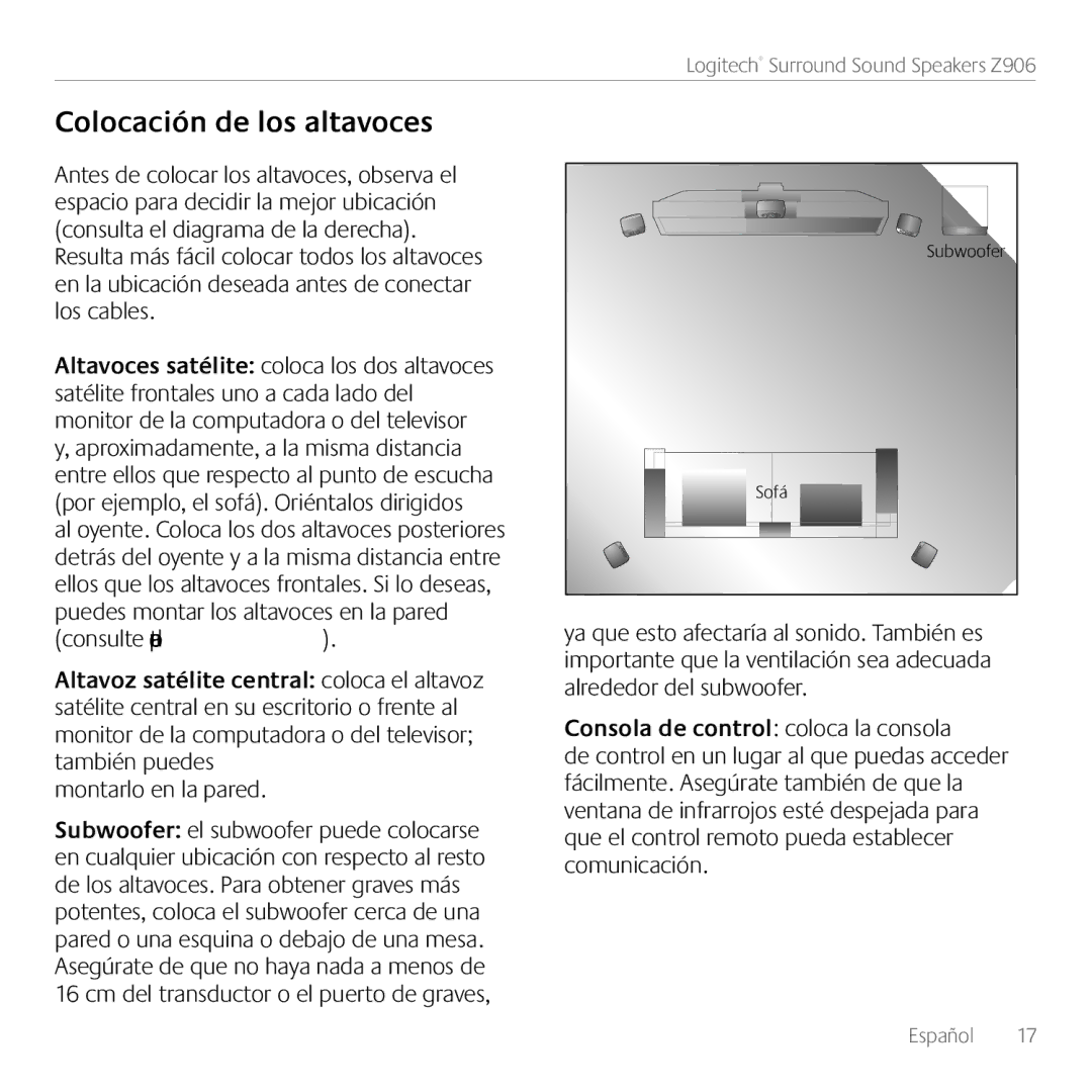 Logitech 980000467, Z906 manual Colocación de los altavoces, Montarlo en la pared 