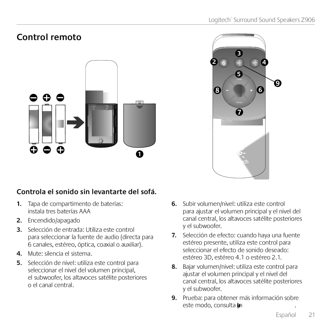 Logitech 980000467, Z906 manual Control remoto, Controla el sonido sin levantarte del sofá 