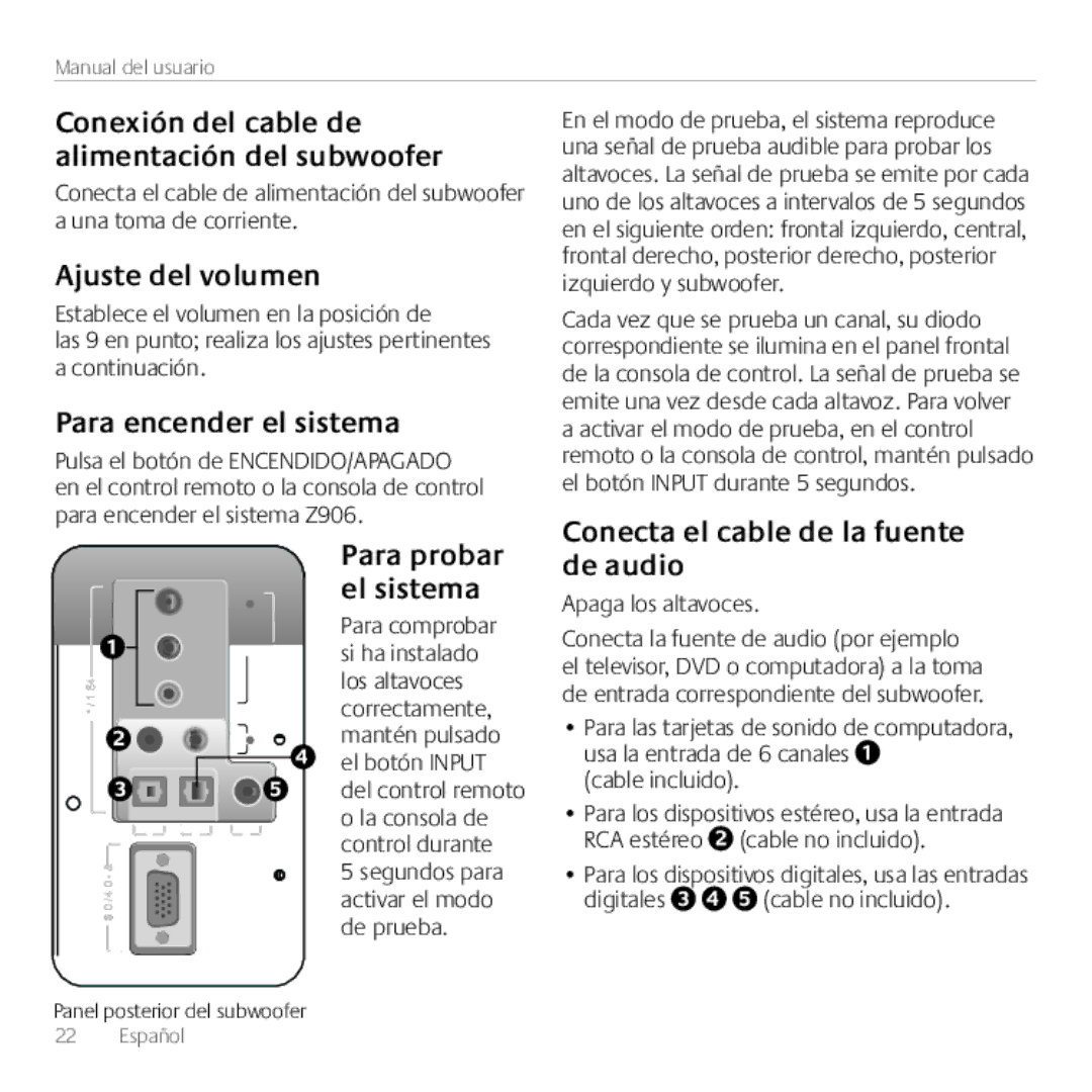 Logitech Z906, 980000467 manual Ajuste del volumen, Para encender el sistema, Conecta el cable de la fuente, De audio 