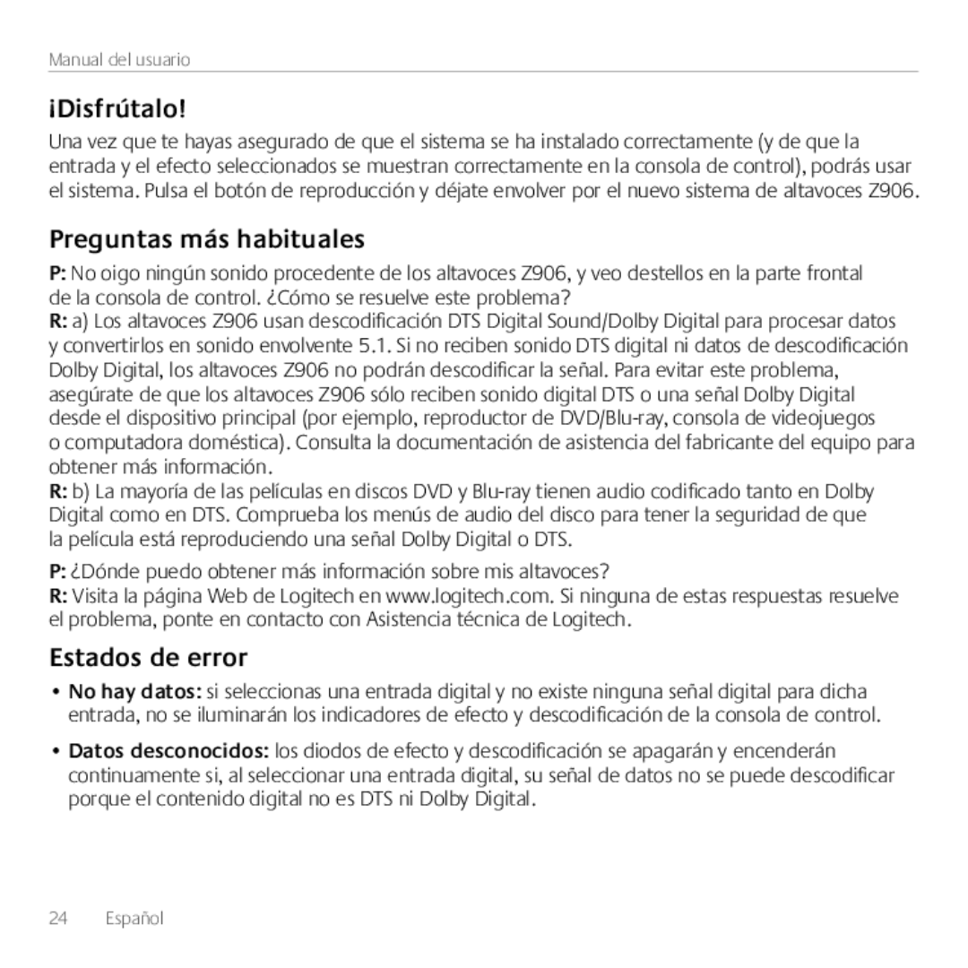 Logitech Z906, 980000467 manual ¡Disfrútalo, Preguntas más habituales, Estados de error 